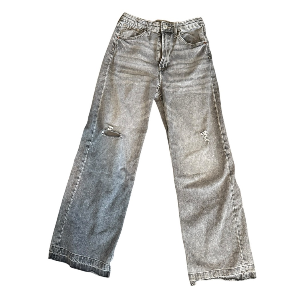 Distressed Gray Wide-Leg Jeans